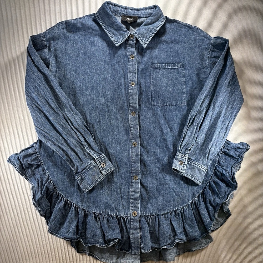 Blue Denim Button Up Shirt Ruffle Hem Long Sleeve By Oddi Women's Medium Cowgirl